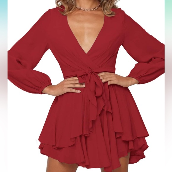 NEW Bonkwa Tiered Ruffle Hem Wrap V Neck Tie Waist Long Sleeve Red Dress Large - Picture 12 of 14